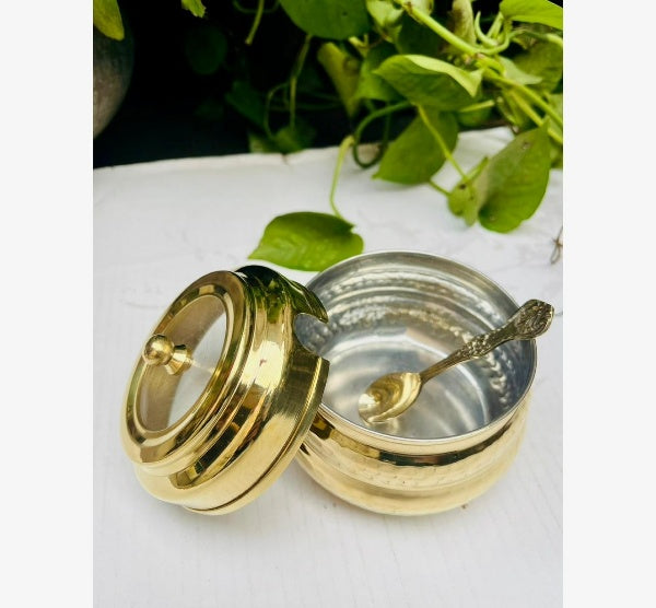 Brass Ghee pot with spoon with tin coating, set of 2 pots with 2 spoons/oil pots